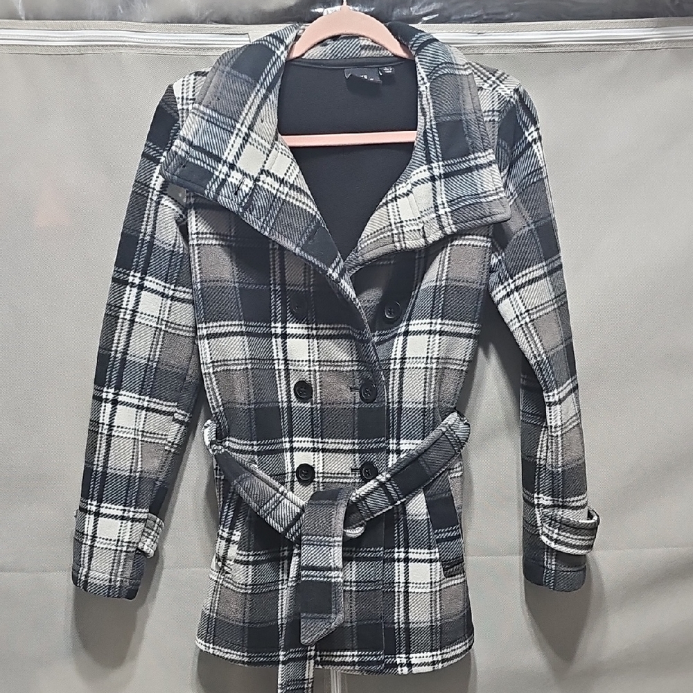 Ike Behar Black and Gray Plaid Double-Breasted Peacoat with Belt